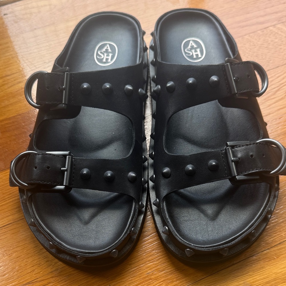 Ash Black Studded Double-Buckle Slide Sandals